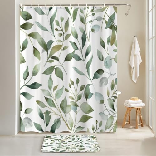 4 Pieces Shower Curtain Set with Rugs and Mats Abstract Flower Design