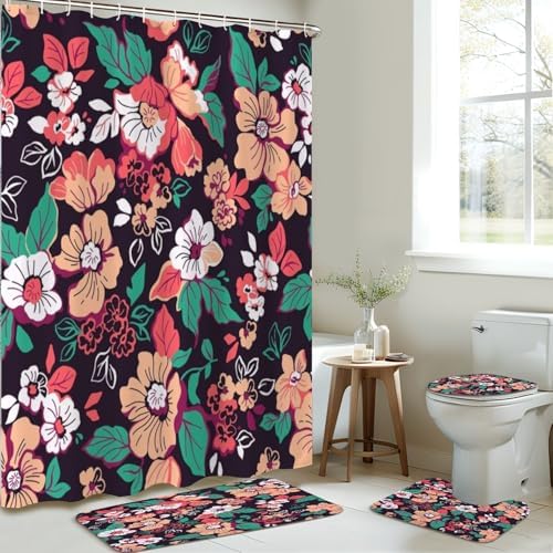 4 Piece Shower Curtain Set with Rugs Mats and Floral Pattern
