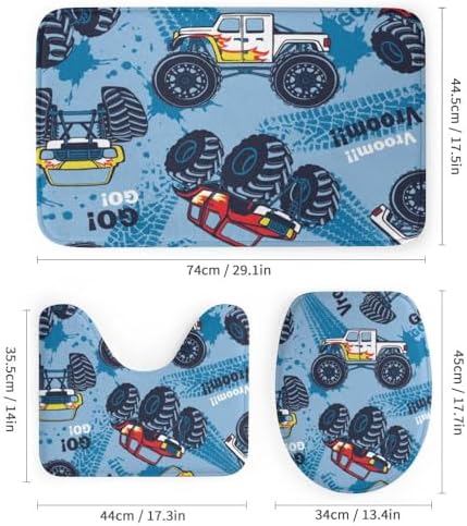 Kuizee 4-Piece Monster Truck Shower Curtain Set with Rugs and 12 Hooks