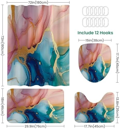 4 Piece Shower Curtain Set with Non-Slip Mats