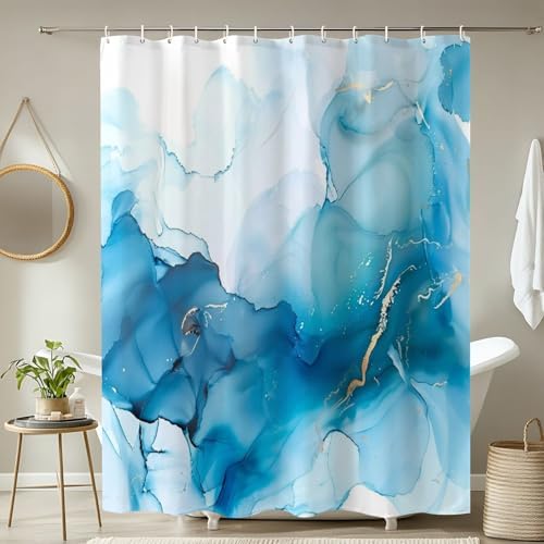 4-Piece Shower Curtain Set with Rugs and Mats Cyan Blue Pattern