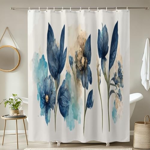 4 Piece Shower Curtain Set with Blue Flowers Design