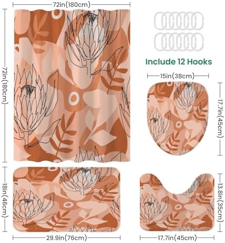 4 Piece Shower Curtain Set with Rugs and Mats Terracotta Pattern