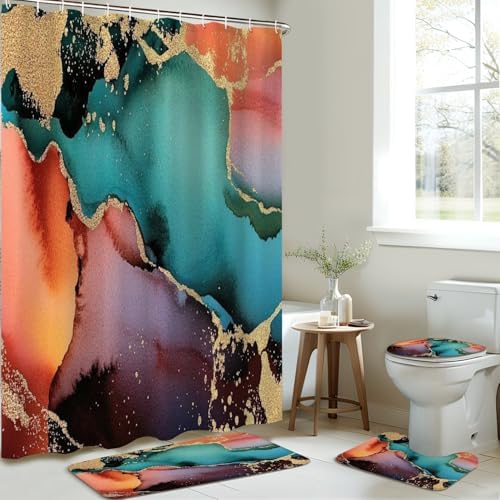 4 Pieces Shower Curtain Set with Rugs and Mat
