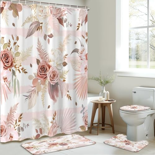 4 Piece Shower Curtain Set with Rugs and Mat Covers