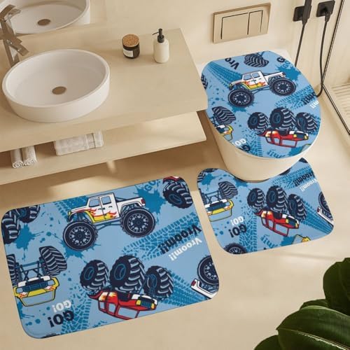 Kuizee 4-Piece Monster Truck Shower Curtain Set with Rugs and 12 Hooks