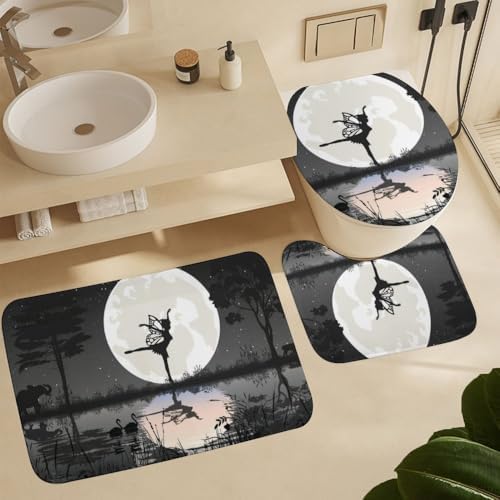 Kuizee 4 Piece Fairy Moon Shower Curtain Set with Non-Slip Rugs