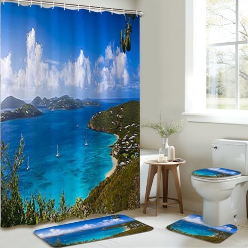 4 Piece Shower Curtain Set with Rugs and Non-Slip Mats 1
