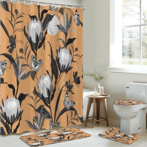 JCOOKLOFTS 4 Piece Shower Curtain Set Retro Black Grey with Night Stars