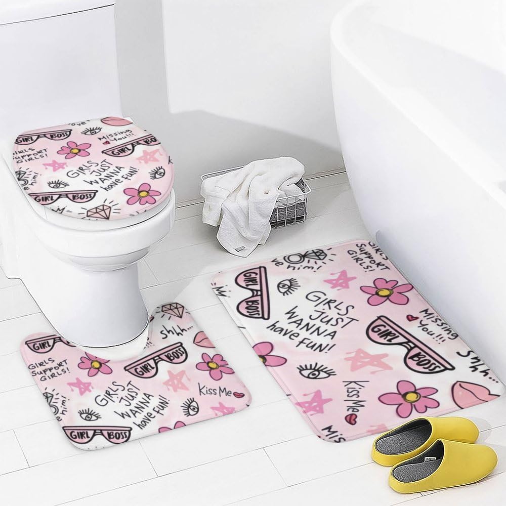 Kuizee 4-Piece Shower Curtain Set with Pink Flower Doodle Rugs