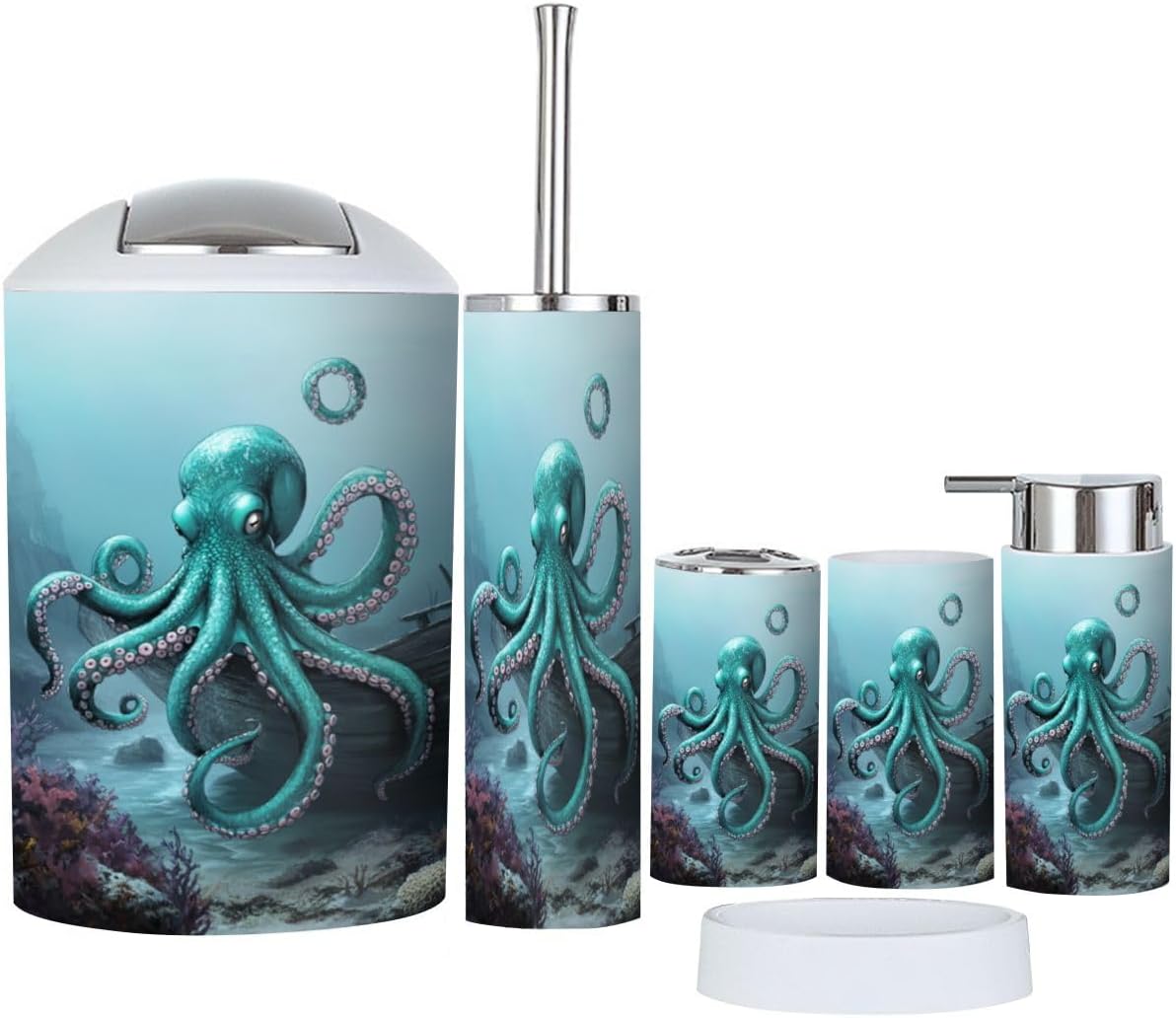 6 Piece Boho Ocean Scene Bathroom Accessory Set