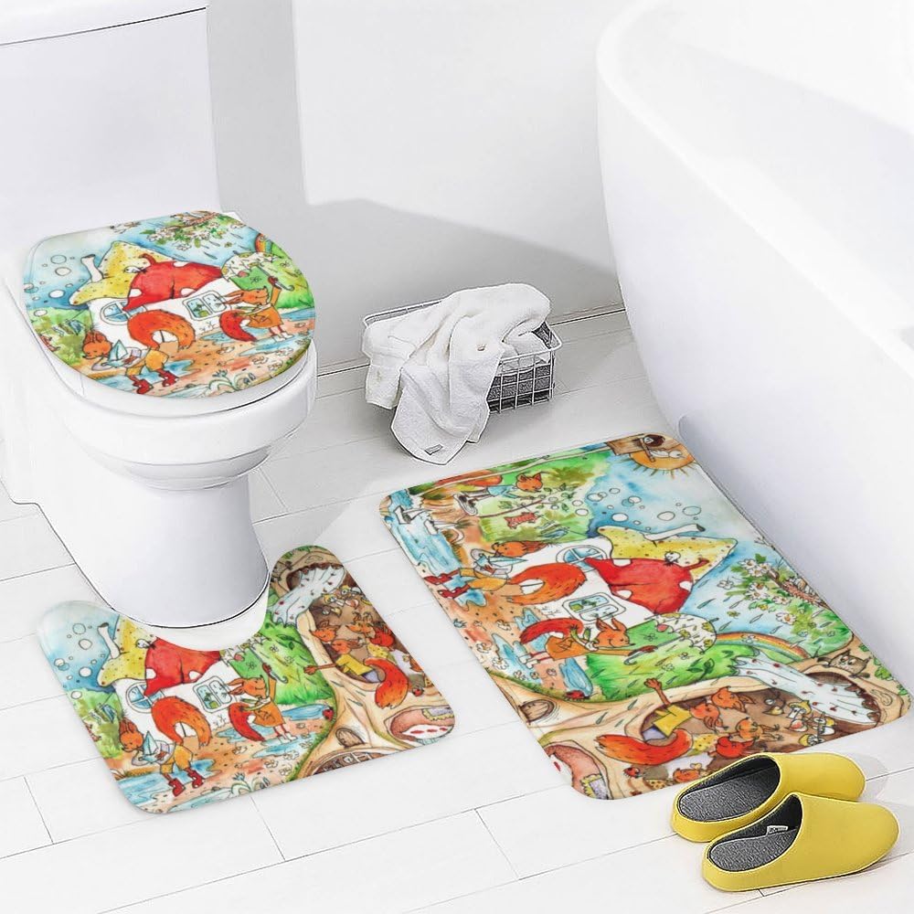 Kuizee Forest Animals Shower Curtain Set with 4 Bath Rugs