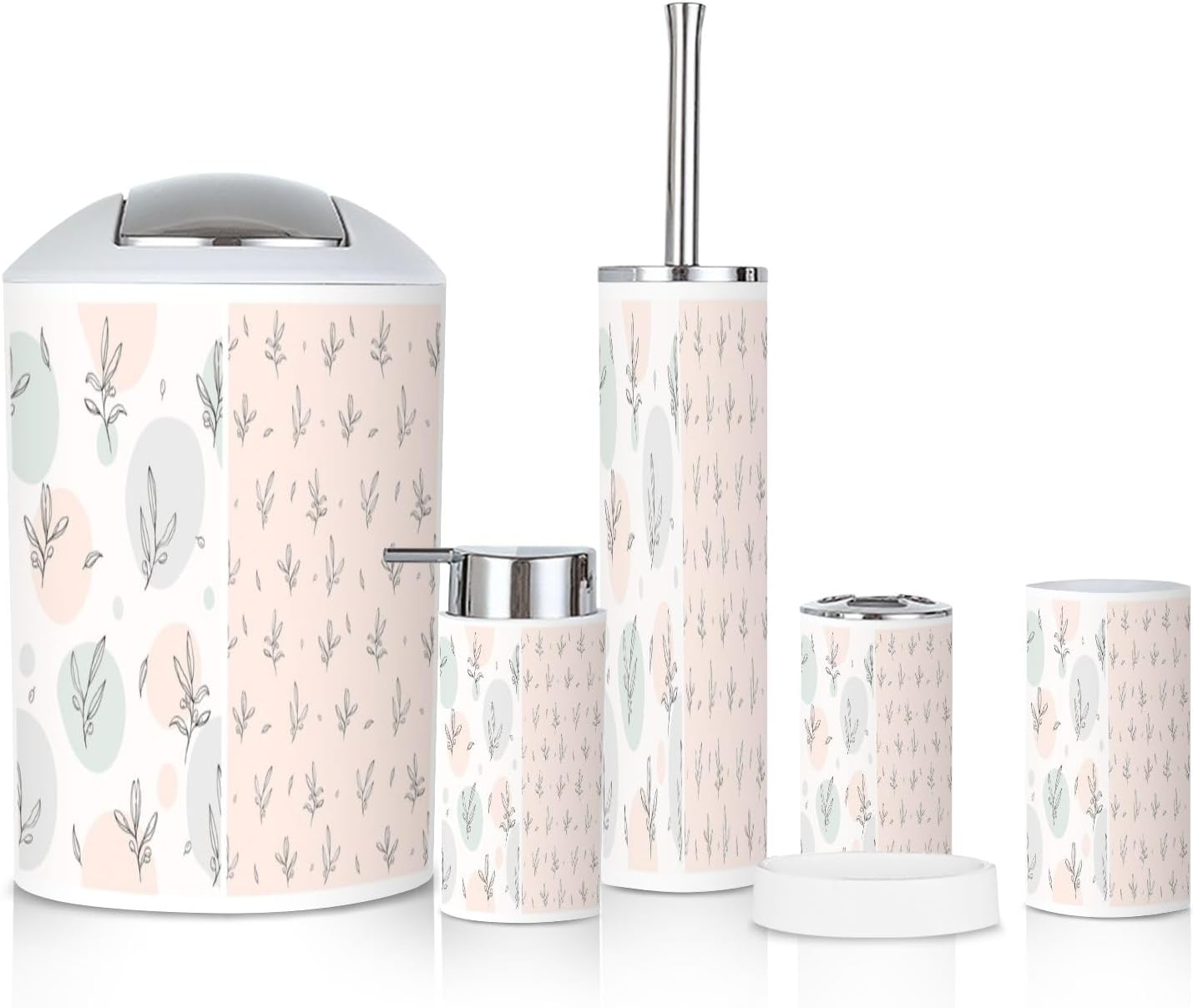 6 Piece Boho Bathroom Accessories Set with Hand Drawn Floral Design