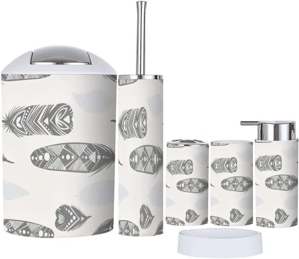 6 Pcs Bathroom Accessories Set with Feather Silhouettes Design