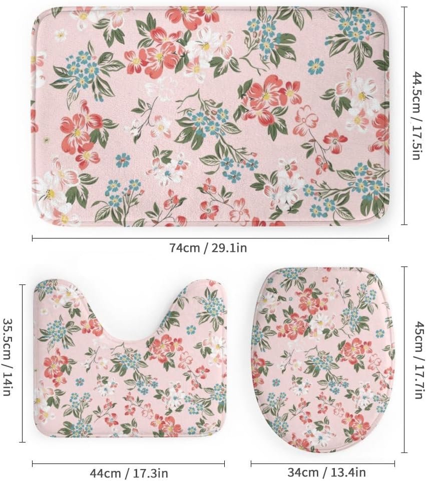 Kuizee 4-Piece Flower Pink Shower Curtain Set with Rugs and 12 Hooks