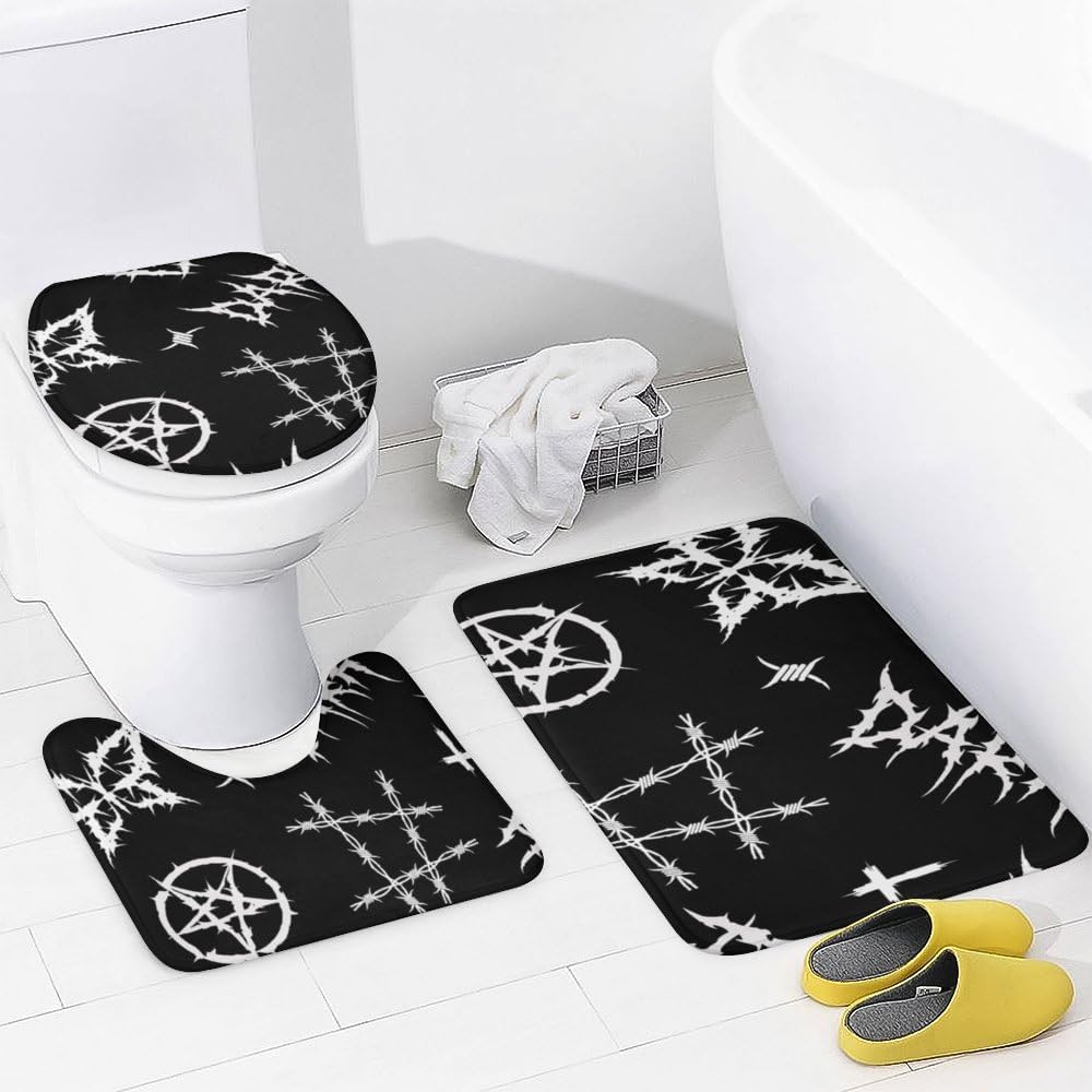 Kuizee 4-Piece Shower Curtain Set with Rugs Grunge Gothic Doodle Style