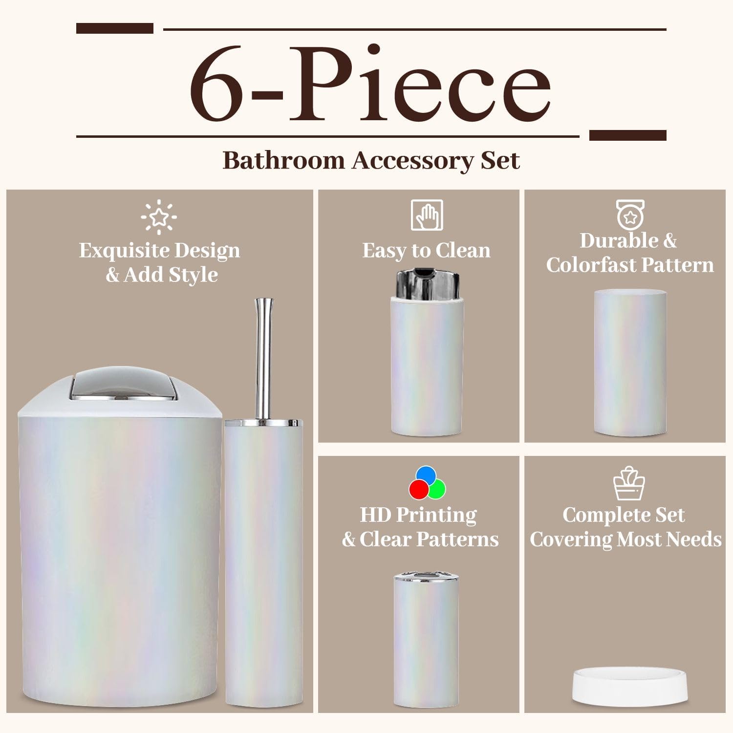 6-Piece Iridescent Rainbow Bathroom Accessories Set