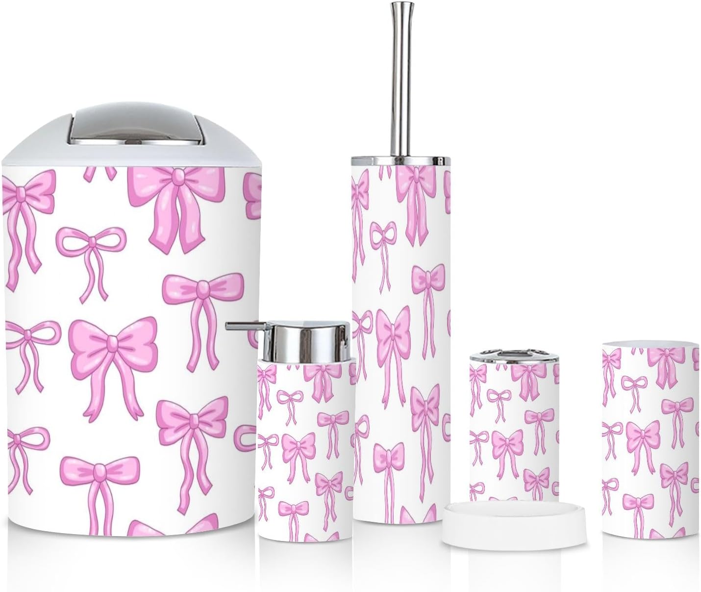 6-Piece Bathroom Accessories Set with Pink Bow Ribbon