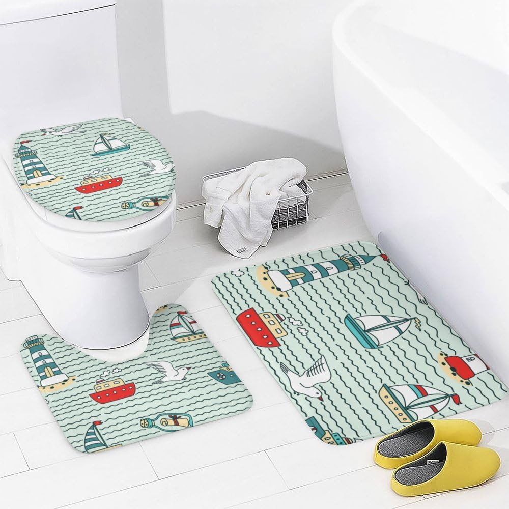 Kuizee 4-Piece Shower Curtain Set with Non-Slip Rugs and Lighthouses Design