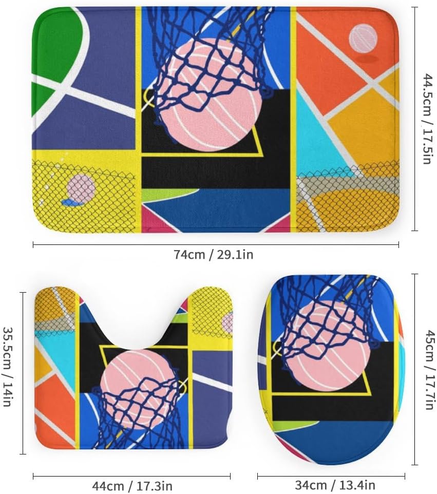 Kuizee 4-Piece Basketball Court Shower Curtain Set with Rugs