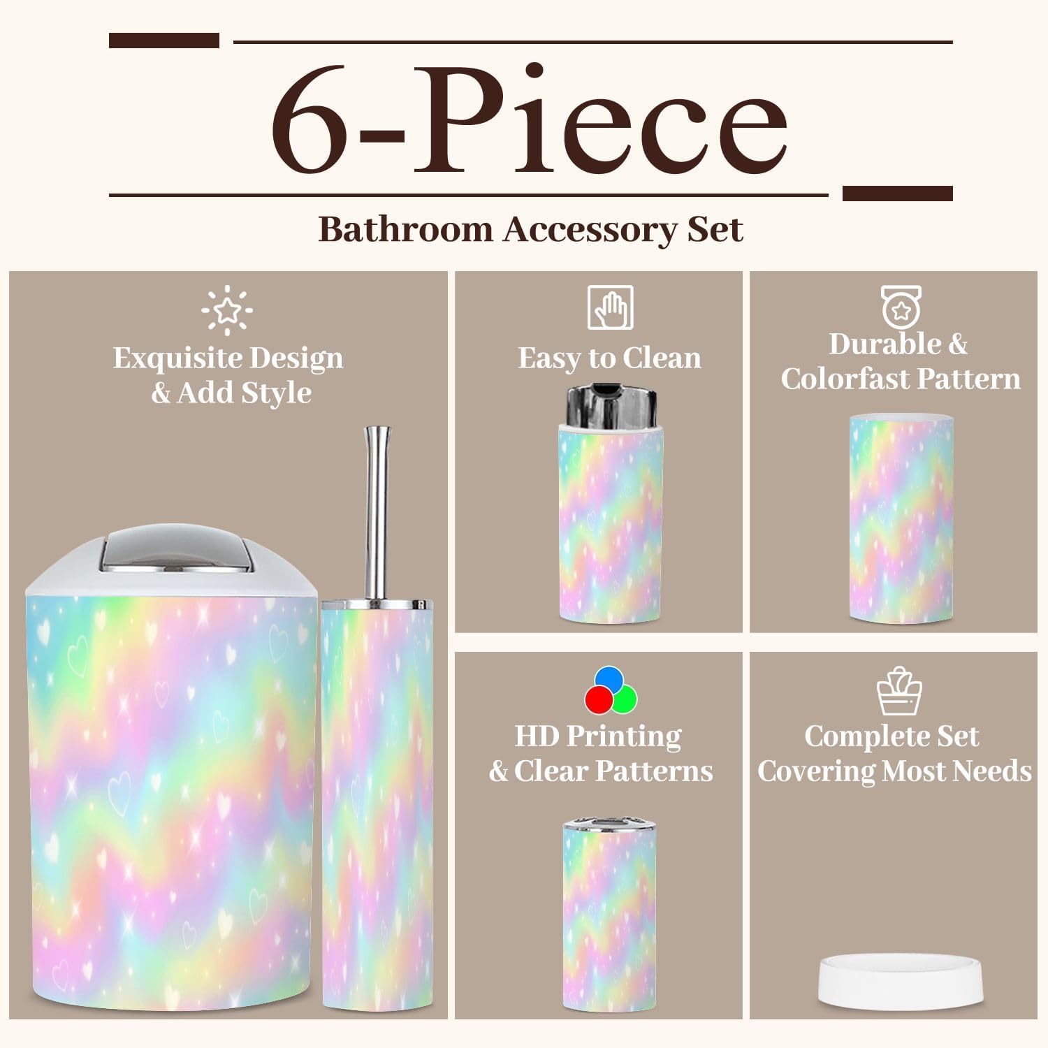 Rainbow Girlie Bathroom Accessories Set 6 Piece
