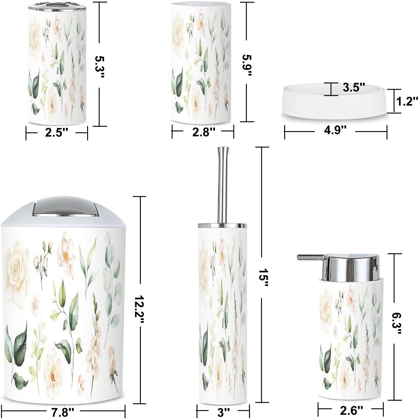 6 Piece Watercolour Floral Bathroom Accessories Set 1