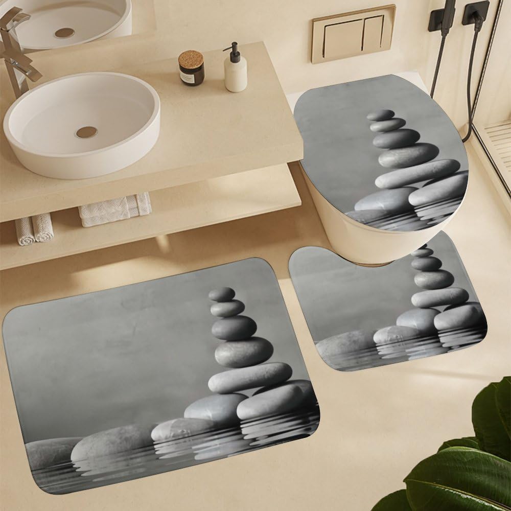 Kuizee 4-Piece Grey Shower Curtain Set with Non-Slip Rugs