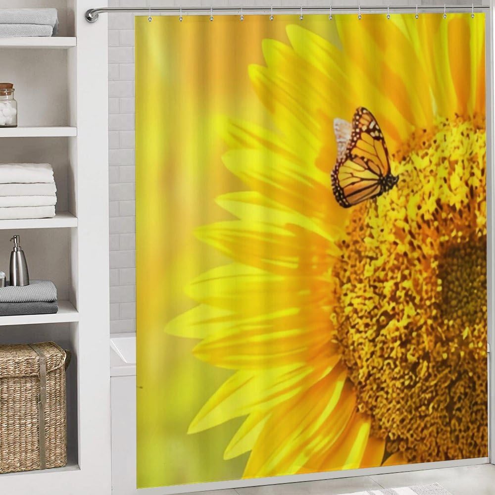 Kuizee 4 Piece Shower Curtain Set with Rugs Sunflower Monarch Butterflies