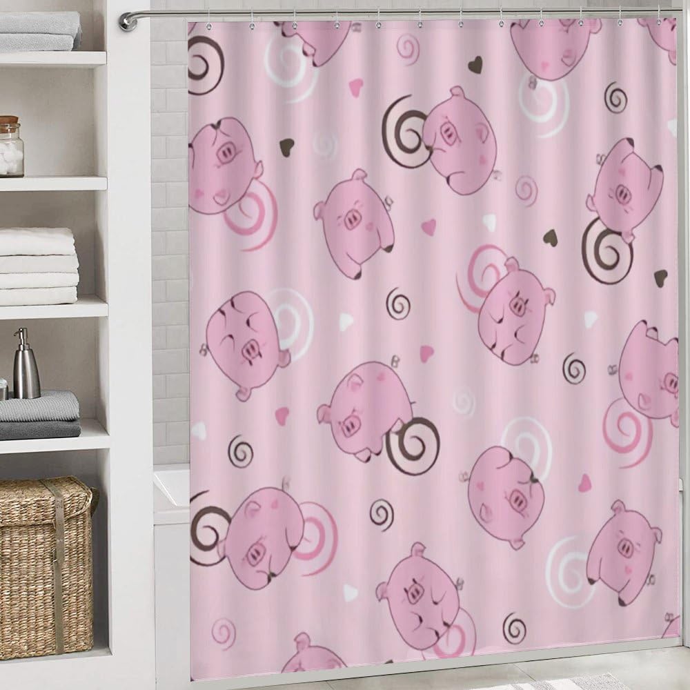 Kuizee 4-Piece Pig Spiral Pink Shower Curtain Set with Non-Slip Rugs