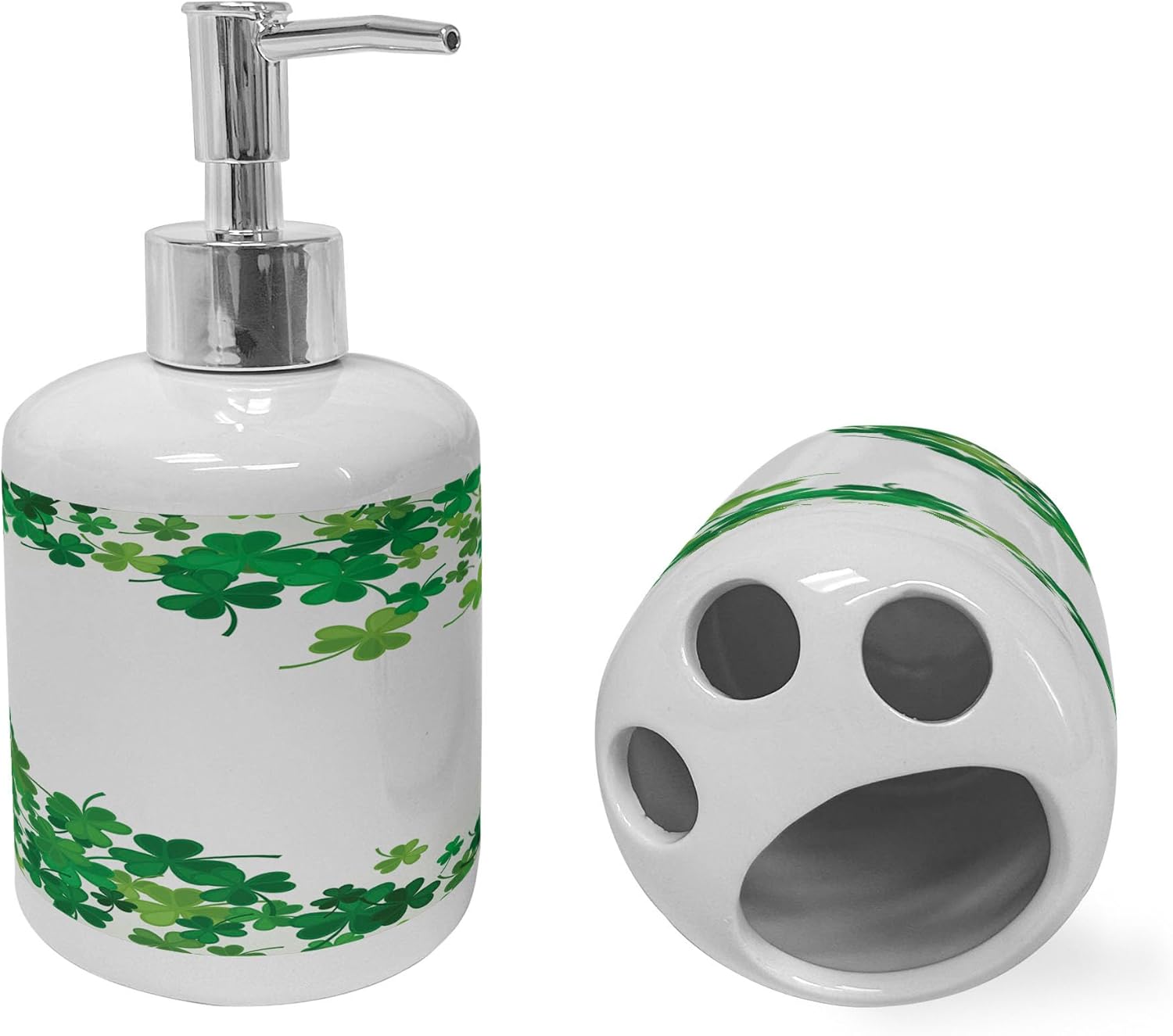 Ambesonne Clover Soap Dispenser Toothbrush Holder Set 2 Pcs Green Fern Green