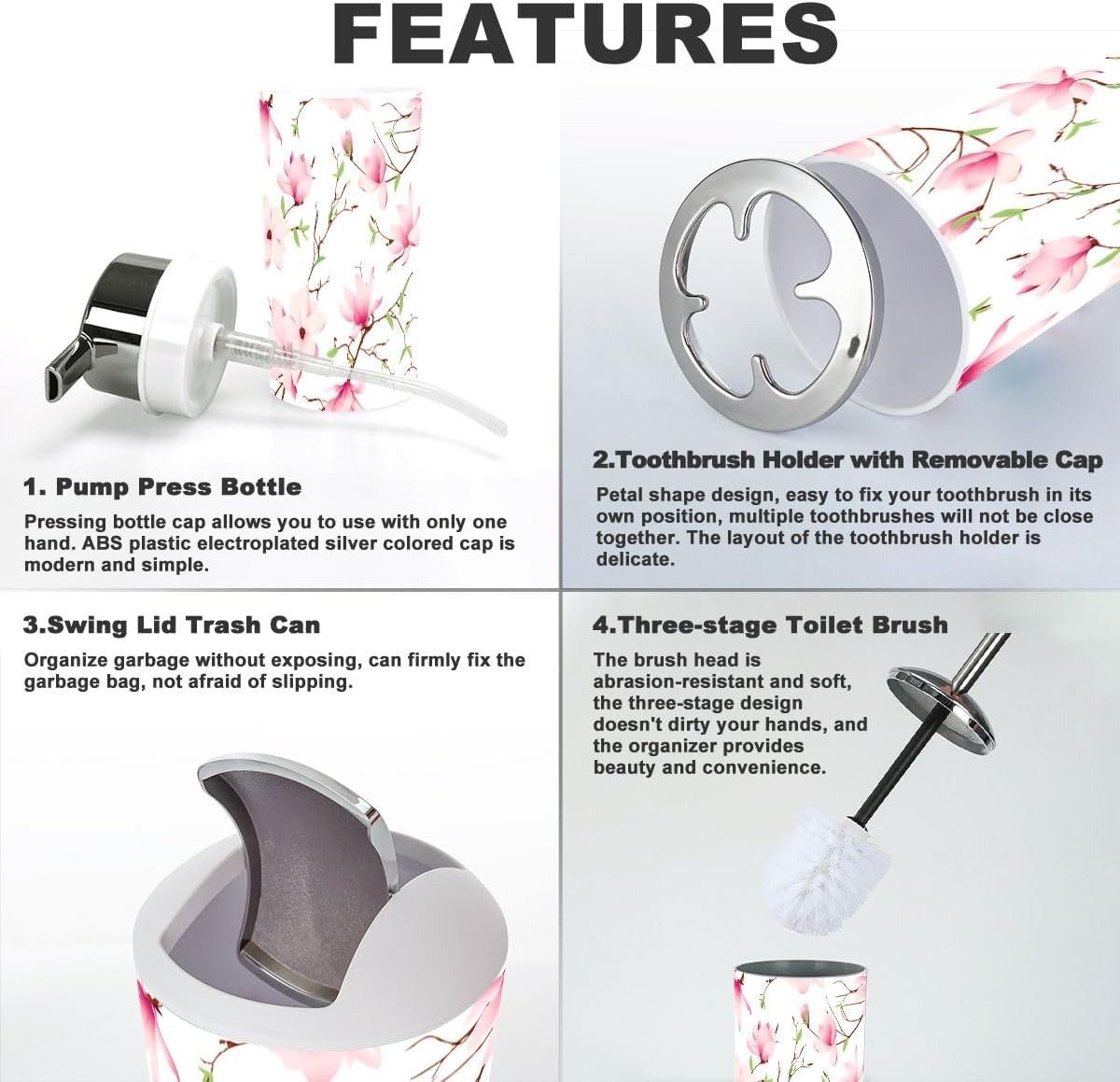 Bathroom Accessories Set 6 Pcs Spring Magnolia Flowers