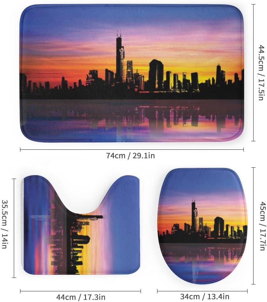 Kuizee 4-Piece Shower Curtain Set with Rugs Modern City Sunset Silhouette