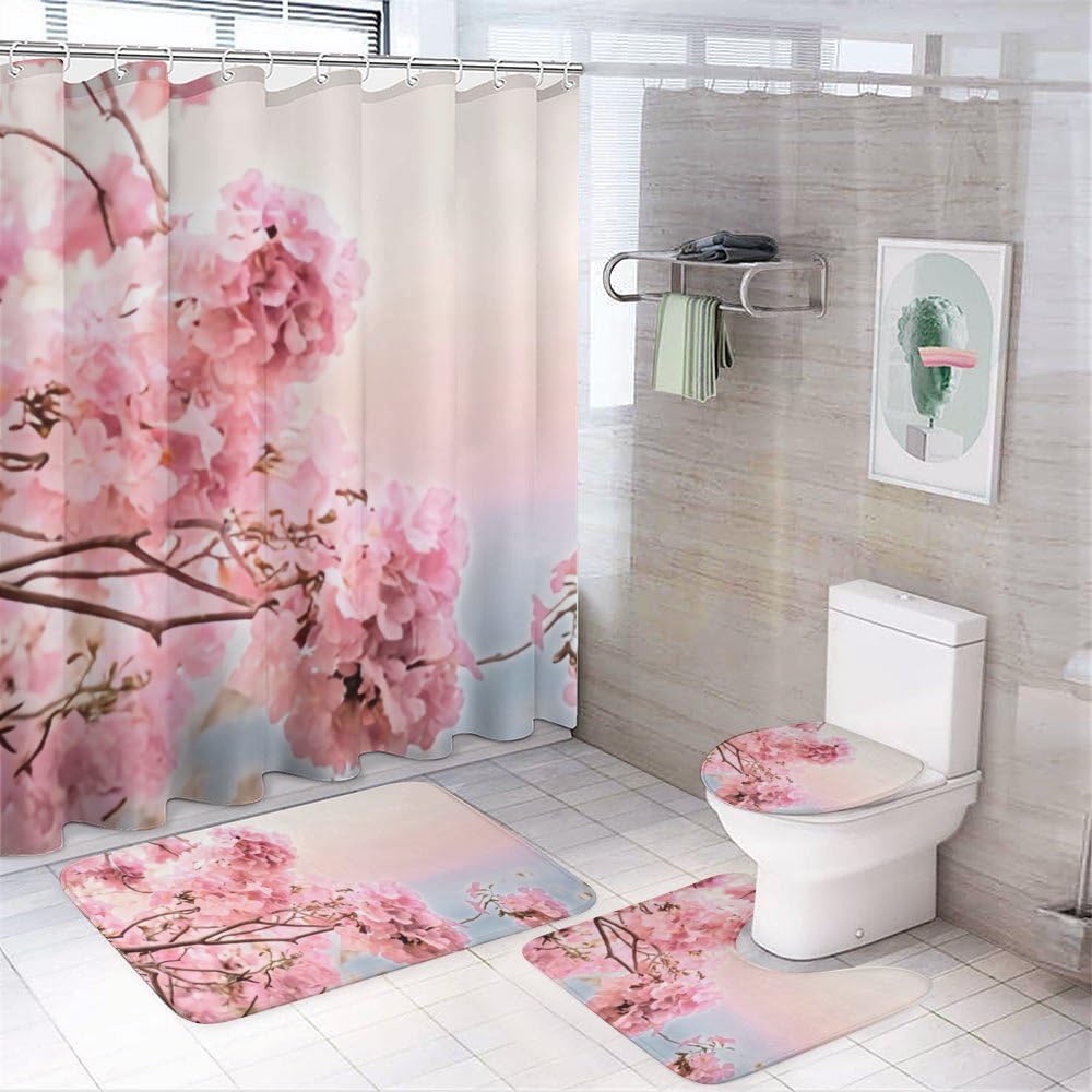Kuizee 4 Piece Shower Curtain Set with Rugs Pink Floral Design