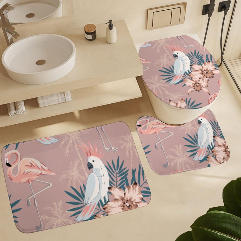 Kuizee Tropical Pink Flamingo Shower Curtain Set with Rugs 4 Pieces