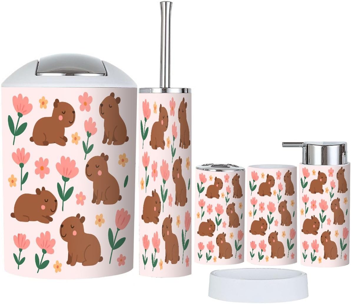 Boho Funny Capybara Bathroom Accessory Set 6 Piece