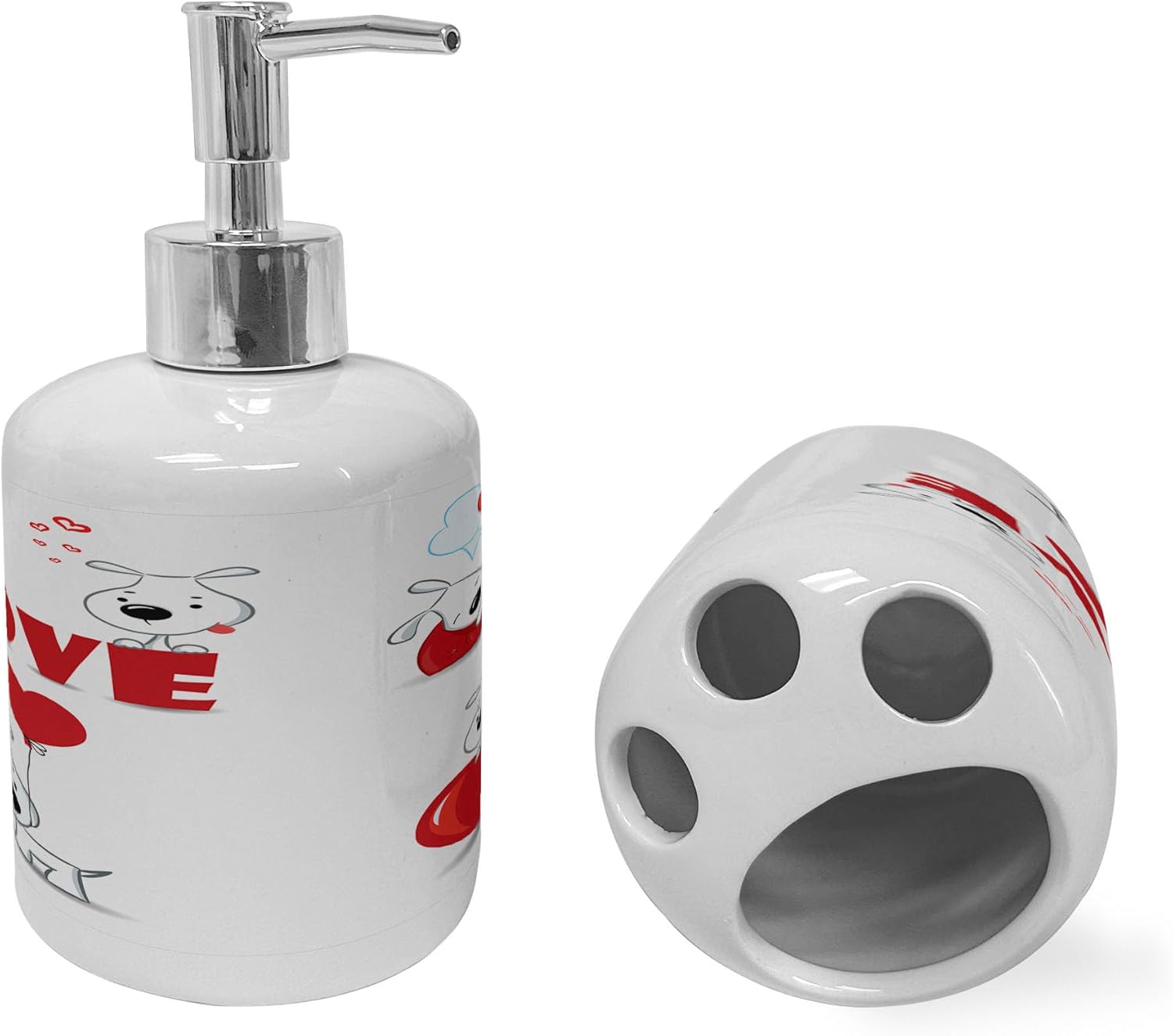 Ambesonne Funny Dog Heart Soap Dispenser Toothbrush Holder Set 2 Pcs Red White
