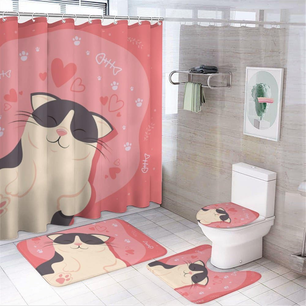 Kuizee 4-Piece Little Cat with Hearts Shower Curtain Set