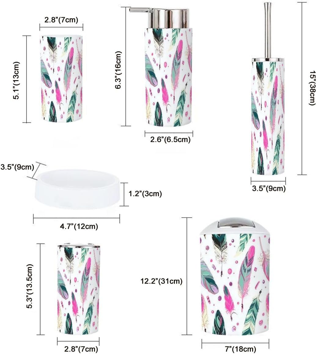 6 Piece Ethnic Bathroom Accessories Set with Feathers Design