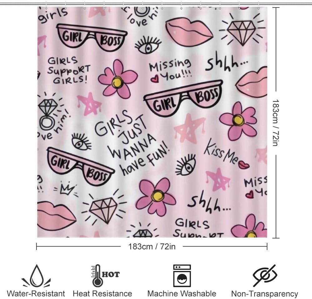 Kuizee 4-Piece Shower Curtain Set with Pink Flower Doodle Rugs