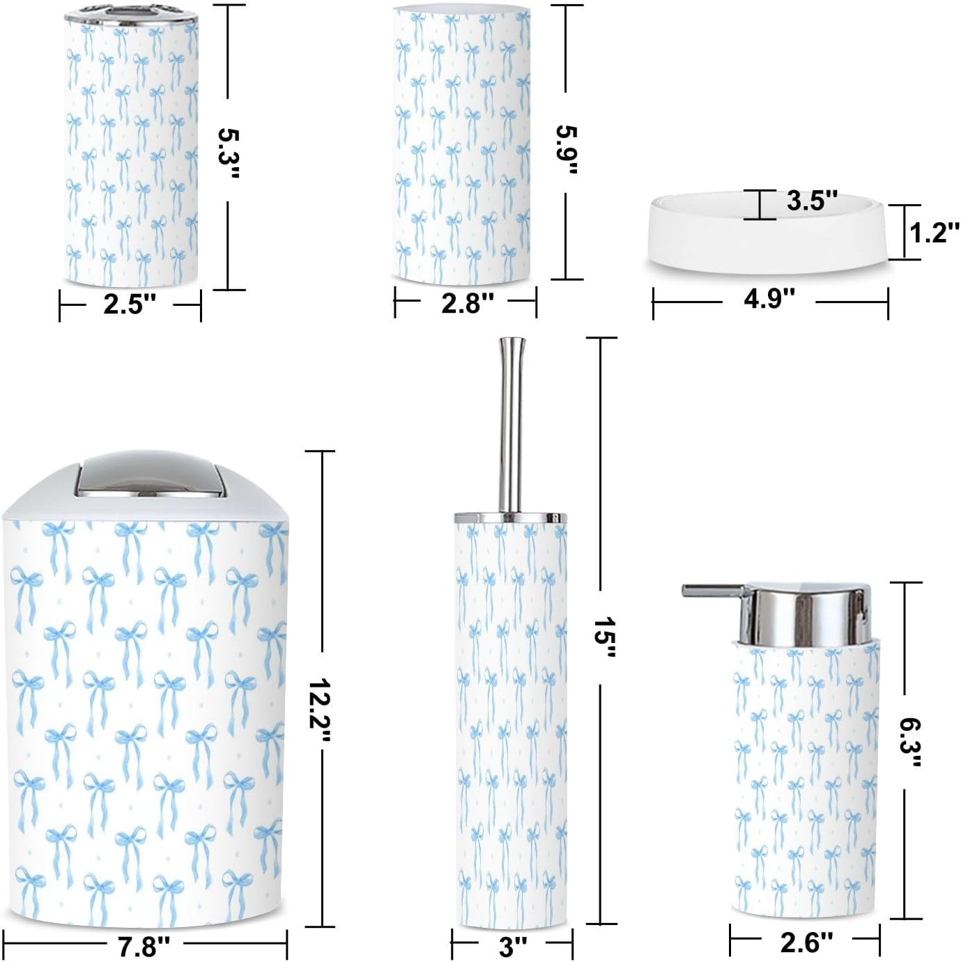 Coquette 6-Piece Bathroom Accessories Set with Blue Ribbon Bow Design