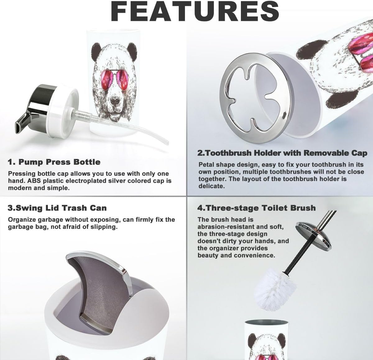 6-Piece Bathroom Accessories Set with Giant Panda Sunglasses Design
