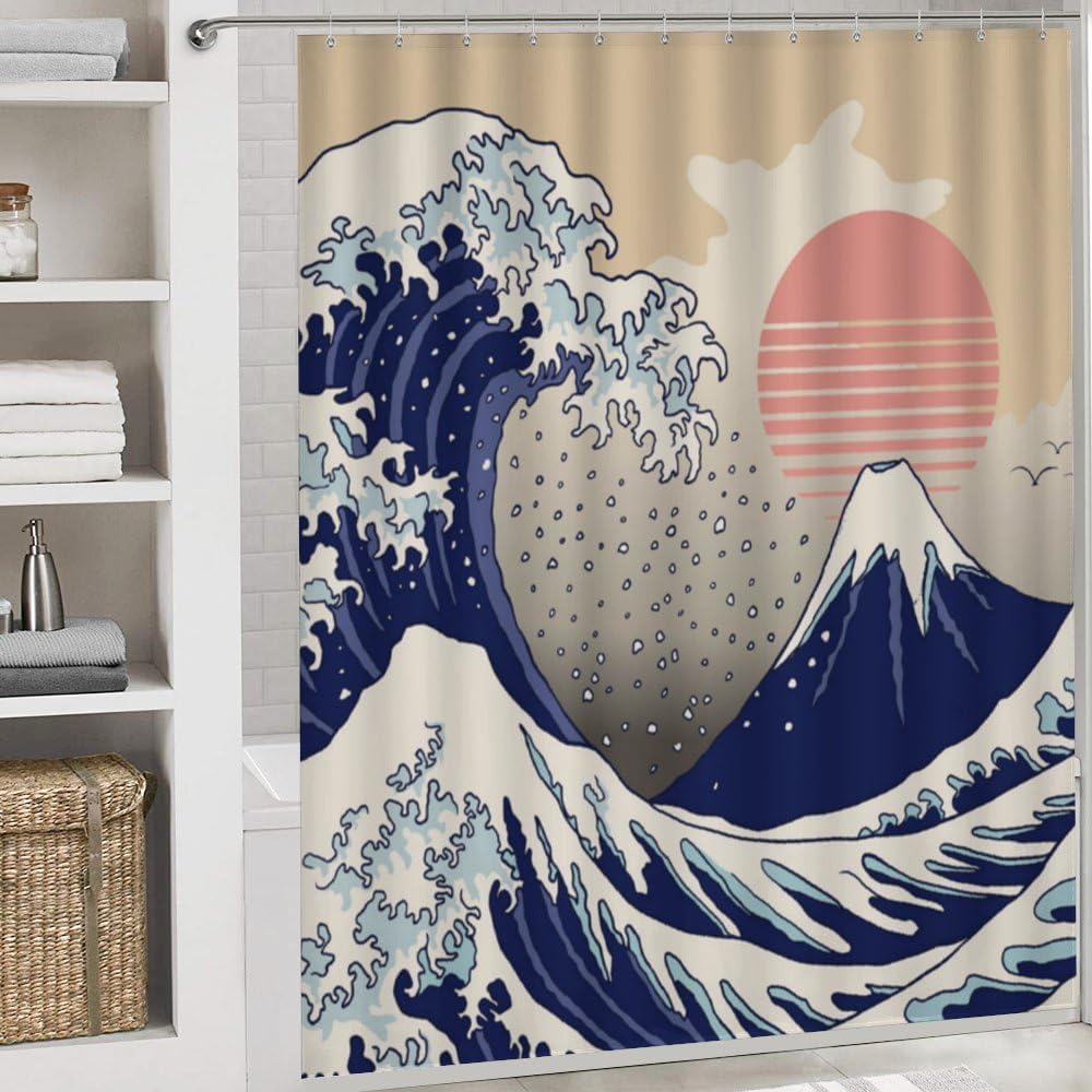 Kuizee 4 Piece Japanese Wave Shower Curtain Set with Non-Slip Mats