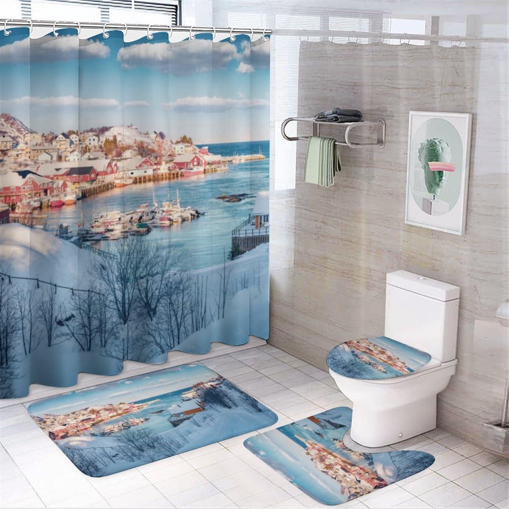 Kuizee 4 Piece Winter Scene Shower Curtain Set with Rugs and 12 Hooks