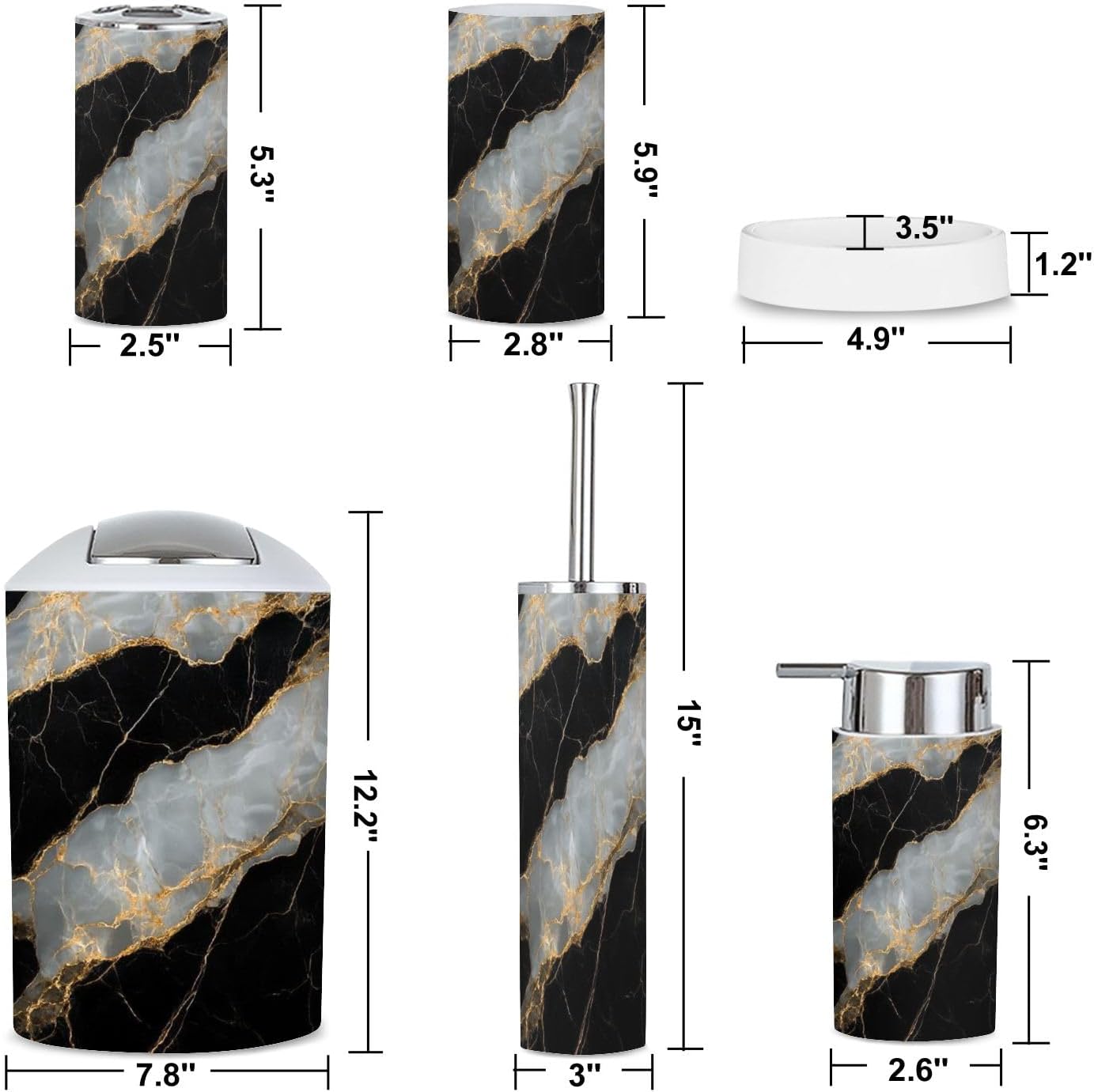 6 Piece Bathroom Accessories Set with Golden Veins Marble Design