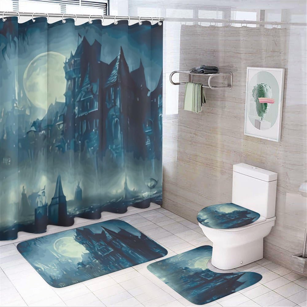Kuizee Halloween Shower Curtain Set with 4 Rugs