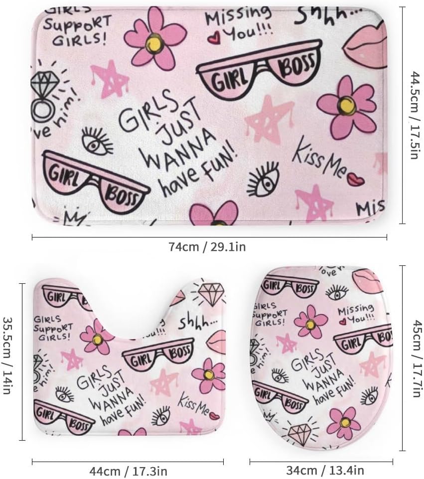 Kuizee 4-Piece Shower Curtain Set with Pink Flower Doodle Rugs