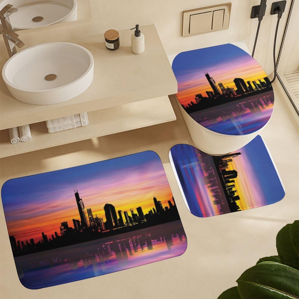 Kuizee 4-Piece Shower Curtain Set with Rugs Modern City Sunset Silhouette