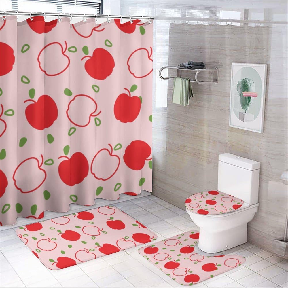 Kuizee 4-Piece Shower Curtain Set with Non-Slip Rugs - Apple Fruit Pink