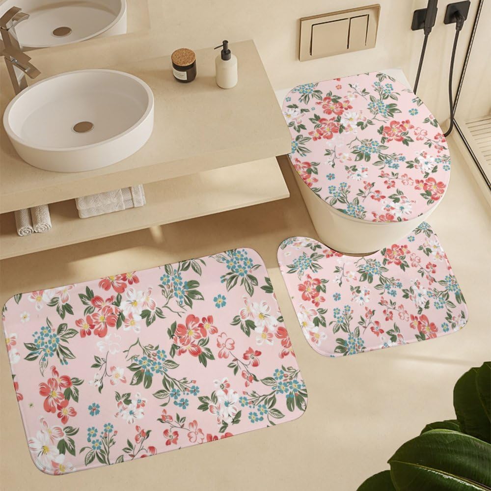 Kuizee 4-Piece Flower Pink Shower Curtain Set with Rugs and 12 Hooks