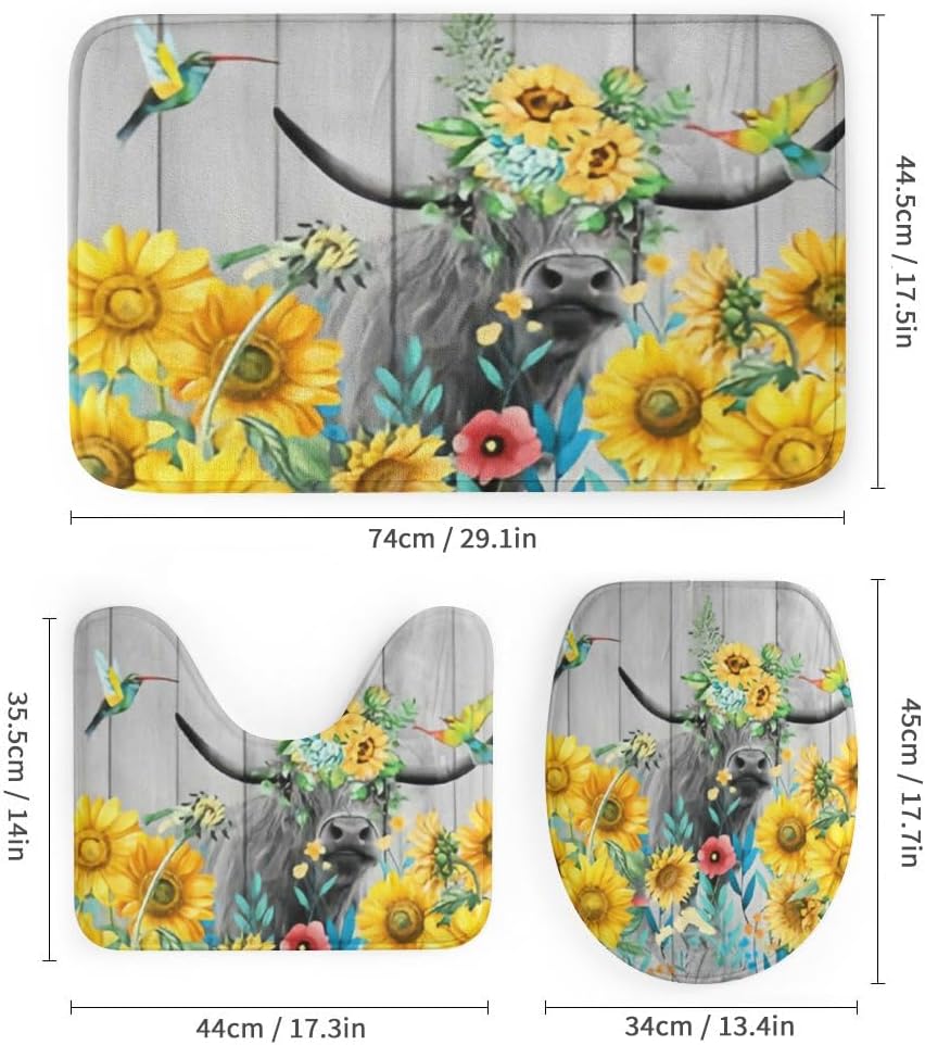 Kuizee 4-Piece Sunflower Bath Set with Shower Curtain and Rugs